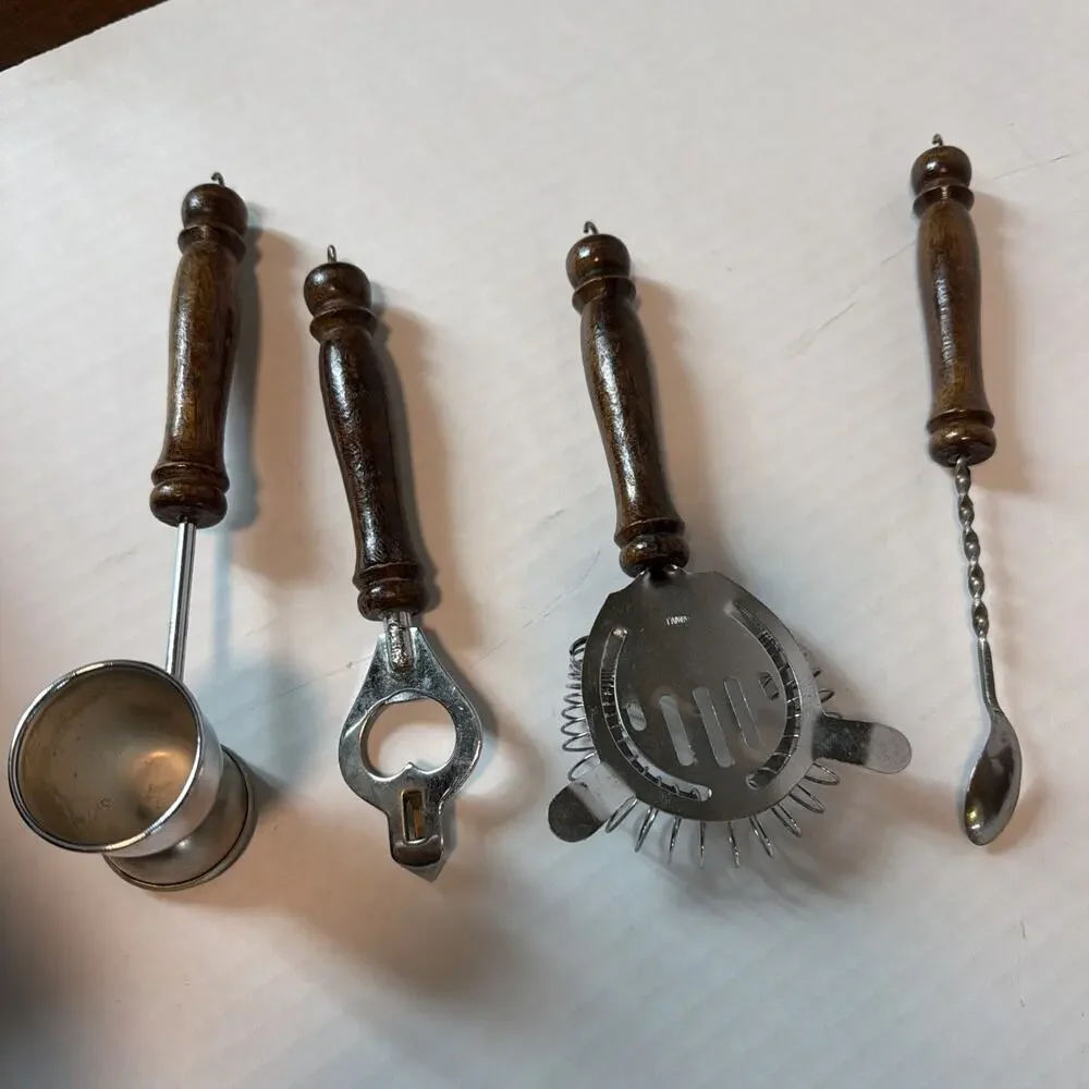 1970s Vintage Wooden Bar Tool Set